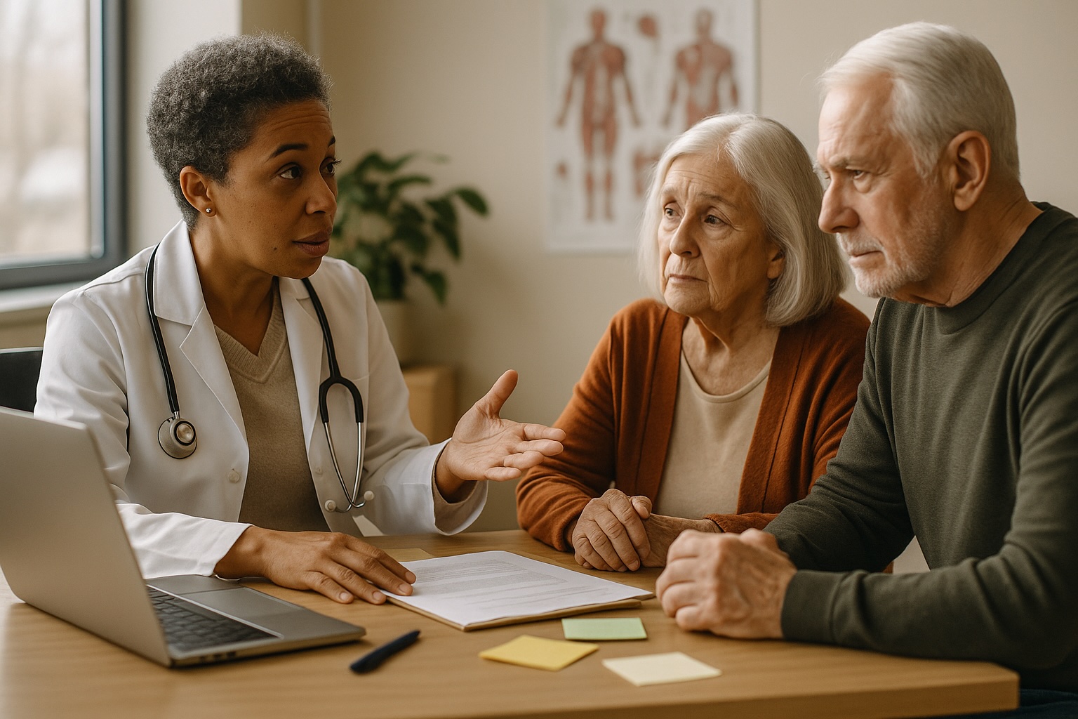 Doctor discussing travel vaccine requirements with elderly couple at Alam Medical in Deer Park NY.