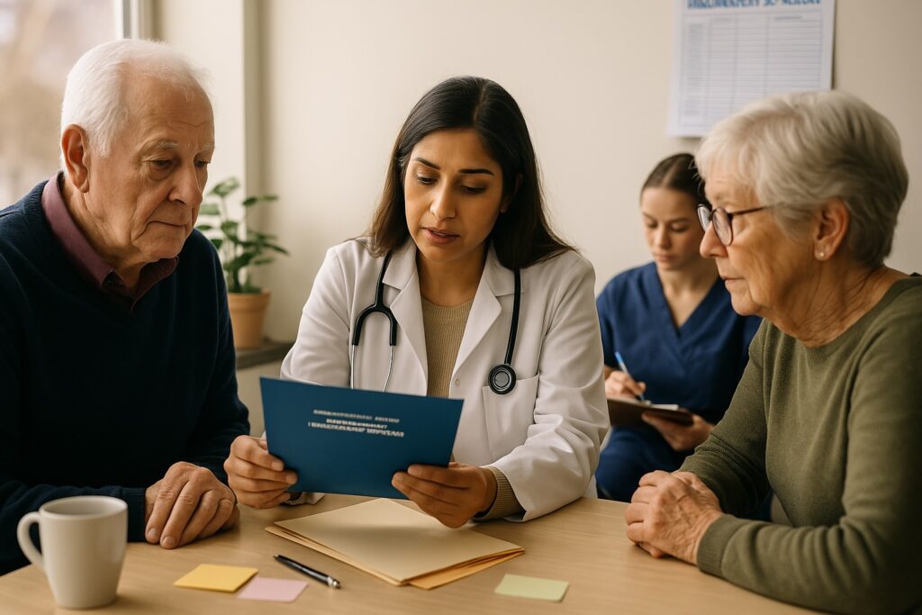 Doctor reviewing travel health immunization requirements with elderly couple at Alam Medical in Deer Park NY.
