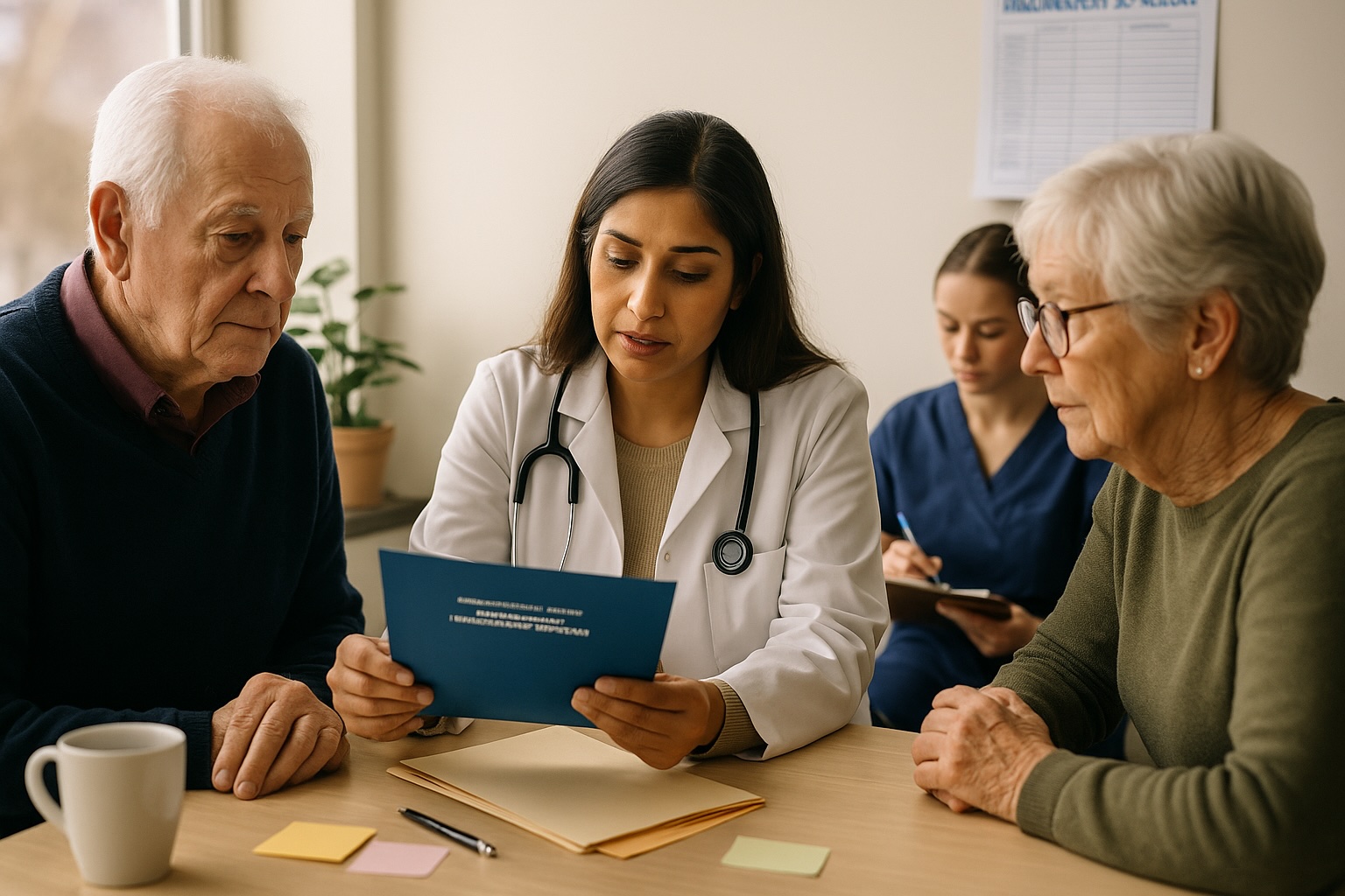Doctor reviewing travel health immunization requirements with elderly couple at Alam Medical in Deer Park NY.